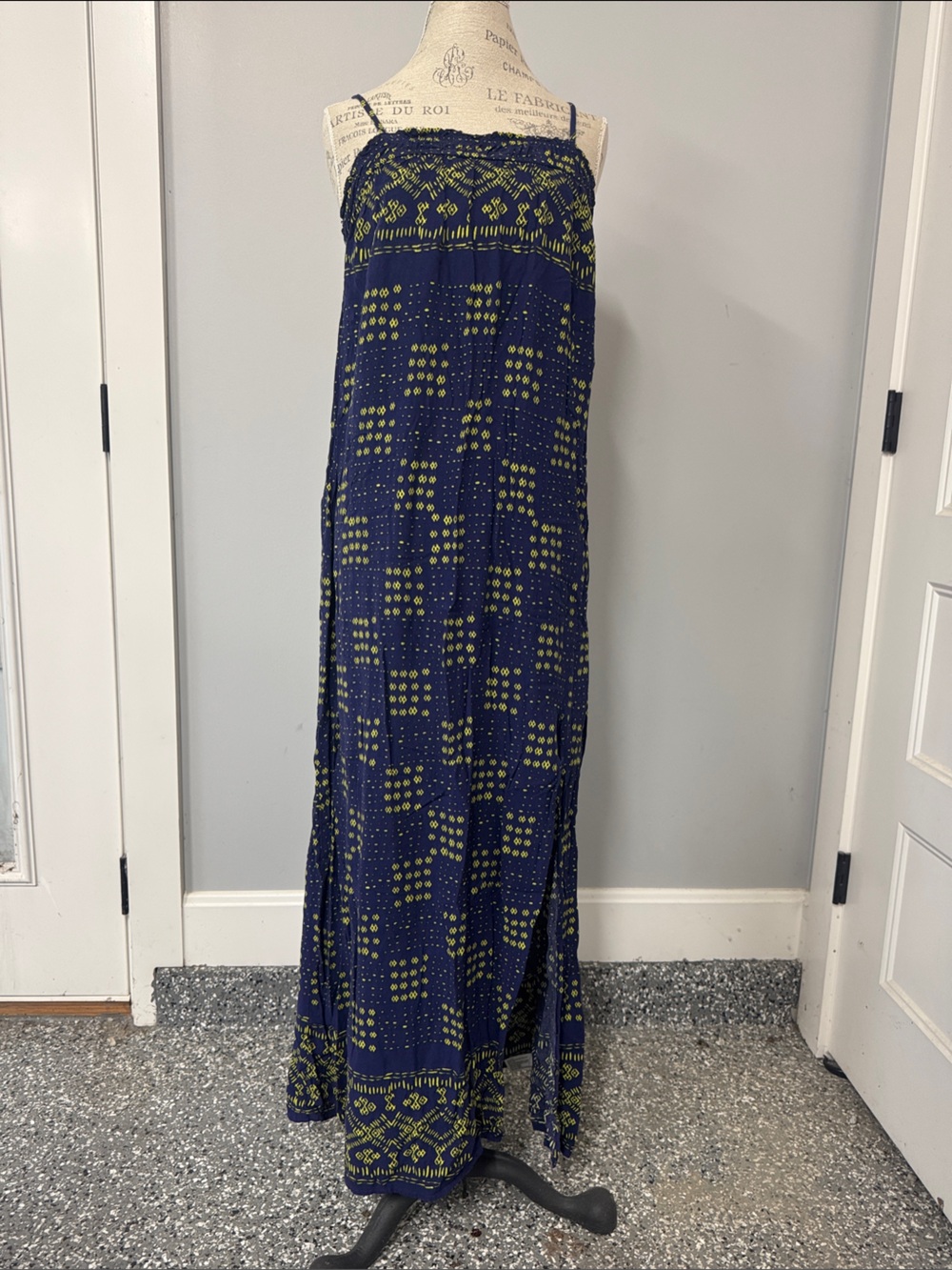 Navy Blue & Lime Patterned Maxi Dress - LG